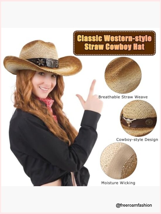 Straw Cowboy Hat with Hatbands Breathable Wide Brim Shapable